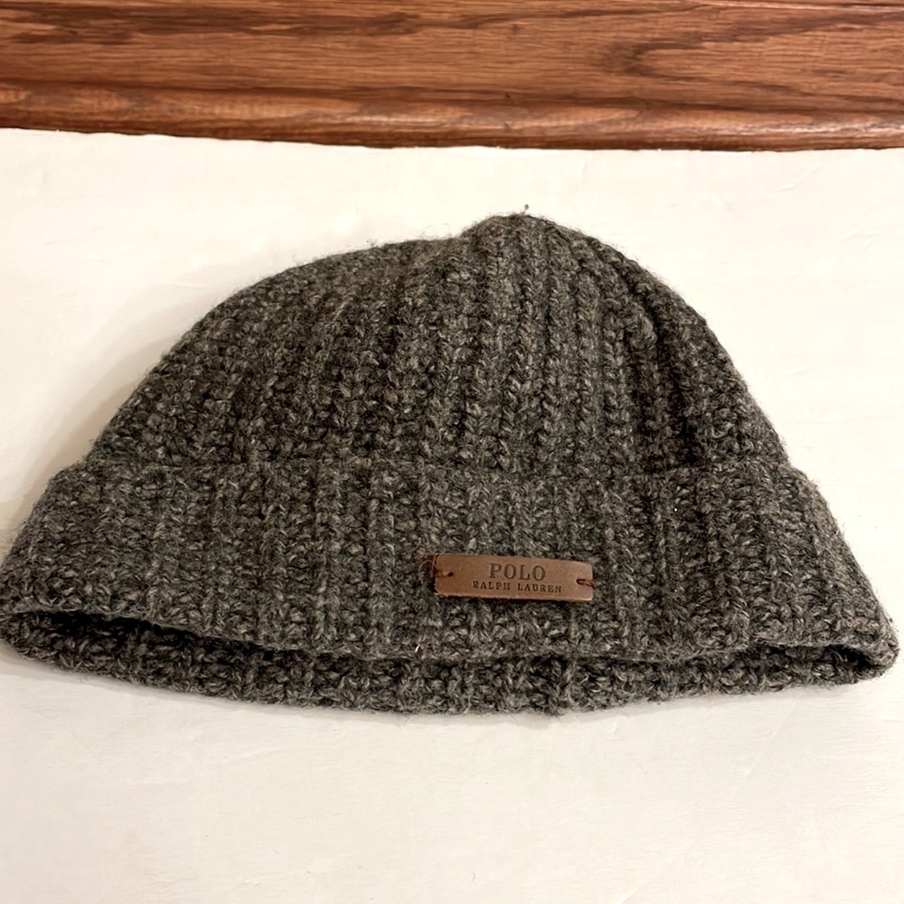 Boys POLO RALPH LAUREN Marino wool beanie hat LOGO leather patch charcoal gray
